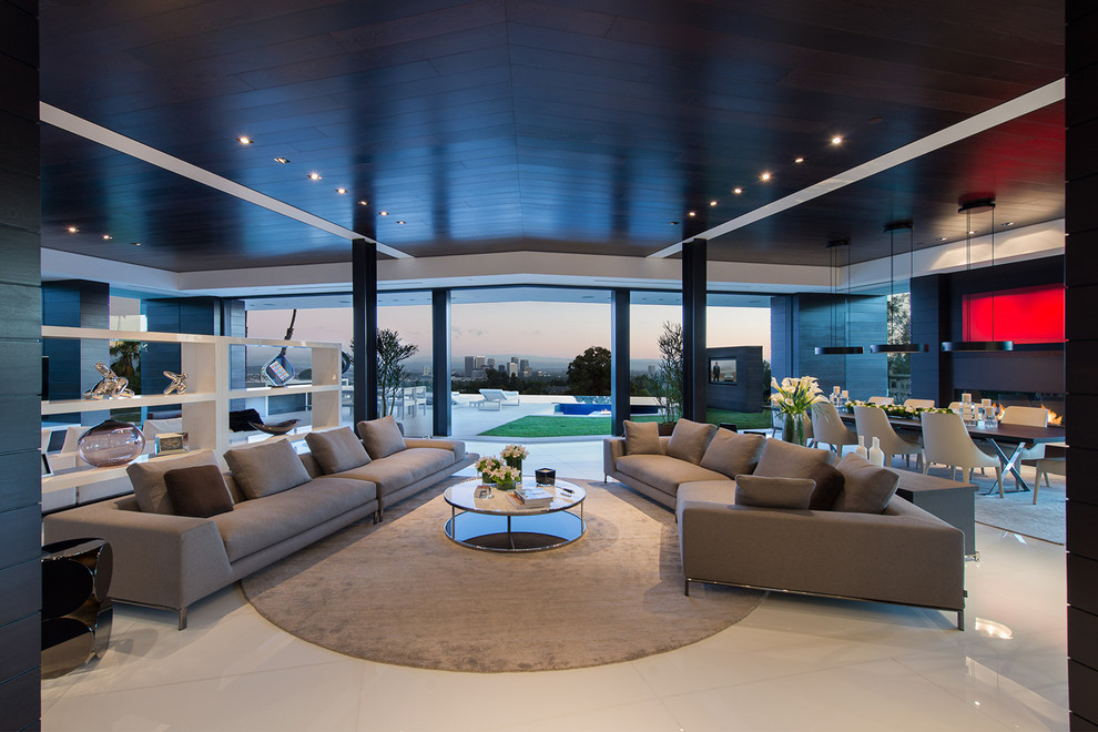 Design ideas for an expansive modern formal loft-style living room in Los Angeles with white floor and recessed.