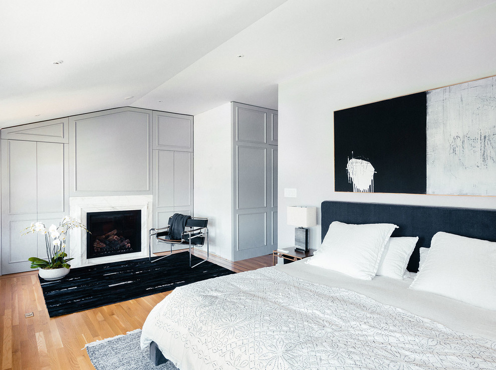 Contemporary master bedroom in San Francisco with grey walls, medium hardwood floors, a standard fireplace and a stone fireplace surround.