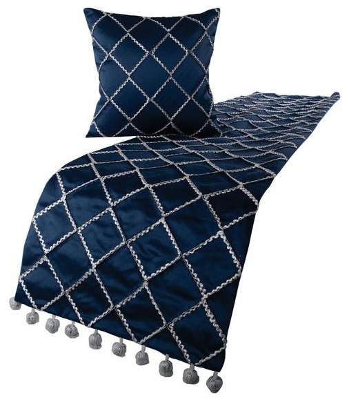 Blue Bed Runner With Pillow Cover, Satin Bed Scarf, Navy Love