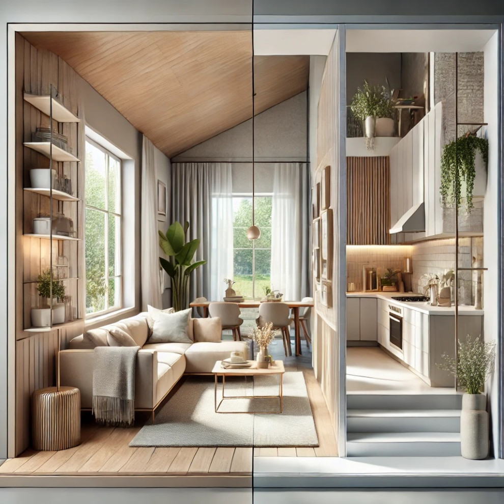 The image shows a beautifully remodeled living space with a cozy, light-filled living room and a sleek modern kitchen, blending style and functionality.