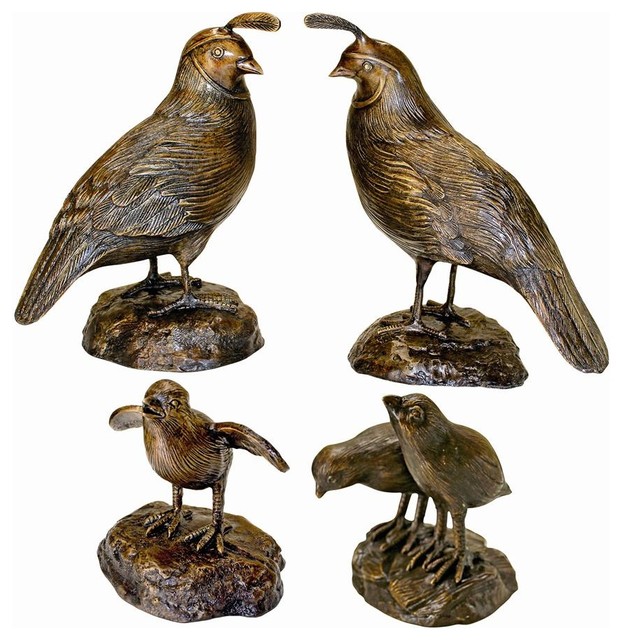 Set of 4 Bronze Quail Statues Contemporary Garden Statues And Yard