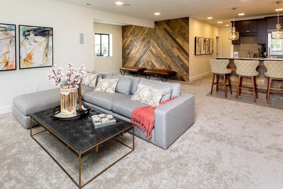 Family room - large transitional open concept carpeted and gray floor family room idea in Other with a bar, white walls and a wall-mounted tv