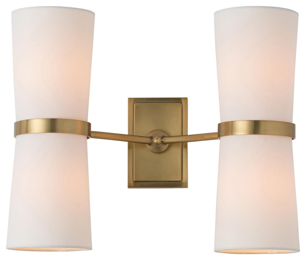 Inwood Antique Brass 15" Wall Sconce with Off-White Linen Shades