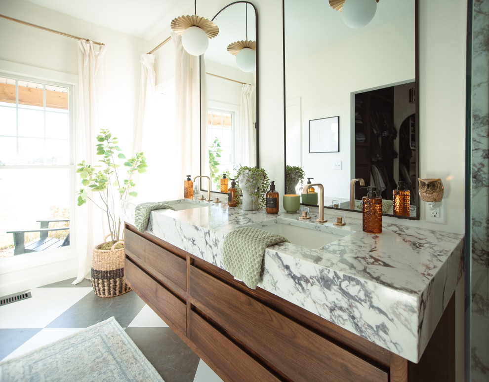 Mid-sized transitional master ceramic tile, multicolored floor and double-sink bathroom photo in Other with flat-panel cabinets, medium tone wood cabinets, white walls, an undermount sink, quartz countertops, a hinged shower door, white countertops and a floating vanity