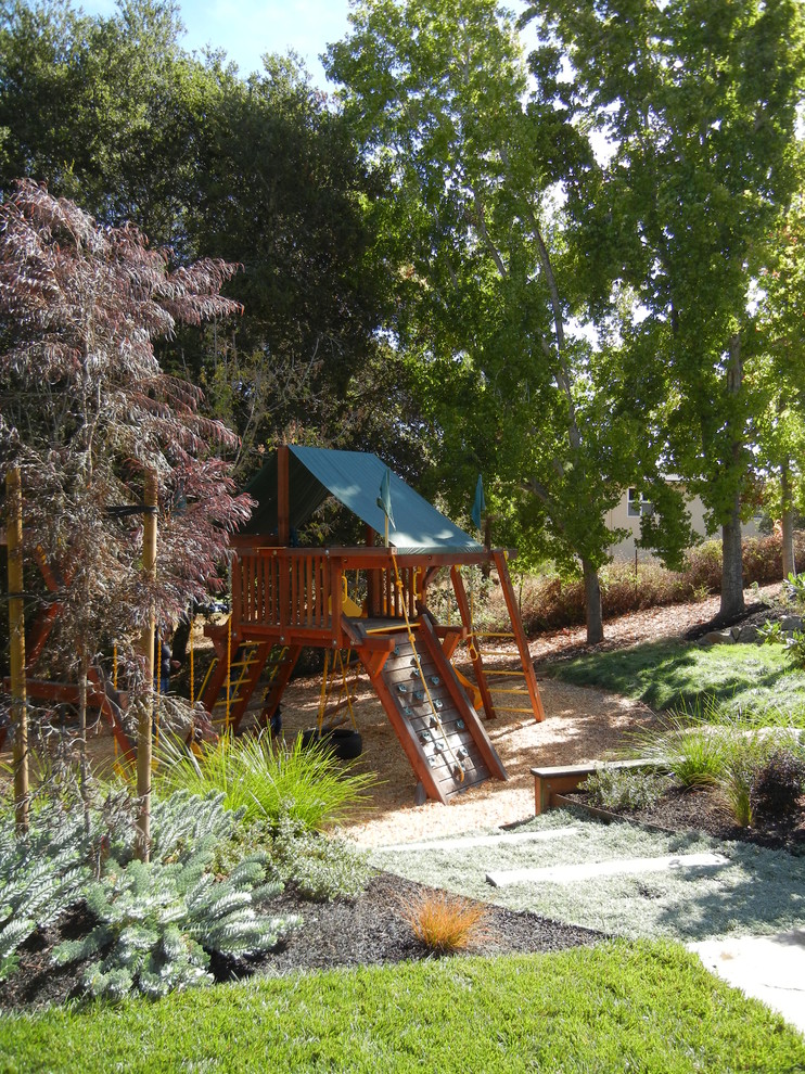 Photo of a large mediterranean garden in San Francisco with with outdoor playset.