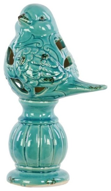 Ceramic Bird on Pedestal Figurine, Large - Bird Baths - by Rugs Art Inc.