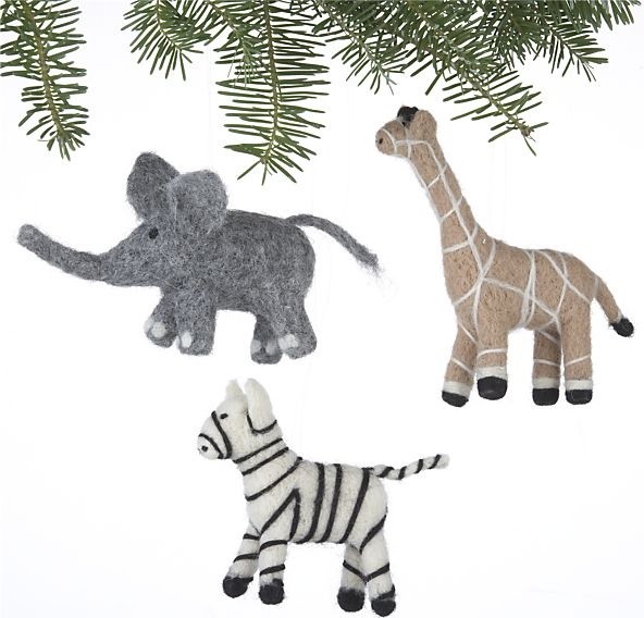 Set of 3 Needle Felt Wool Safari Animal Ornaments