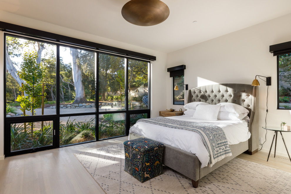 Large contemporary guest bedroom in Santa Barbara with white walls, light hardwood floors, no fireplace and brown floor.