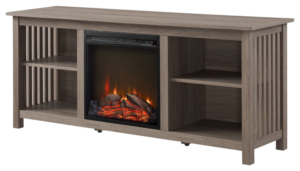Mission TV Stand, Removable Fireplace and Shelves With Slatted Side