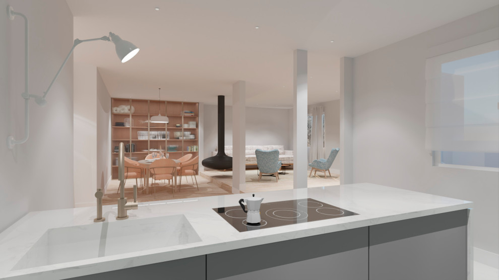 Foto di una cucina minimal di medie dimensioni con parquet chiaro