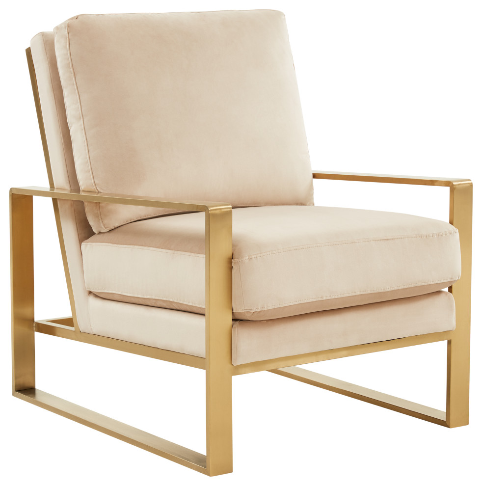 LeisureMod Jefferson Velvet Accent Armchair With Gold Frame, Beige