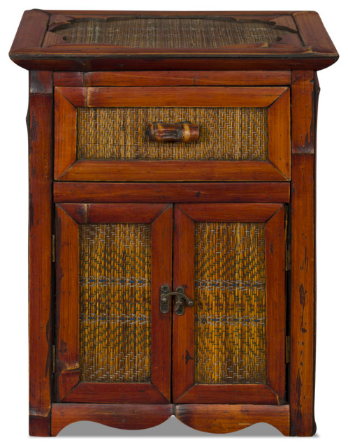 Vintage Bamboo and Rattan Miniature Asian Accent Cabinet