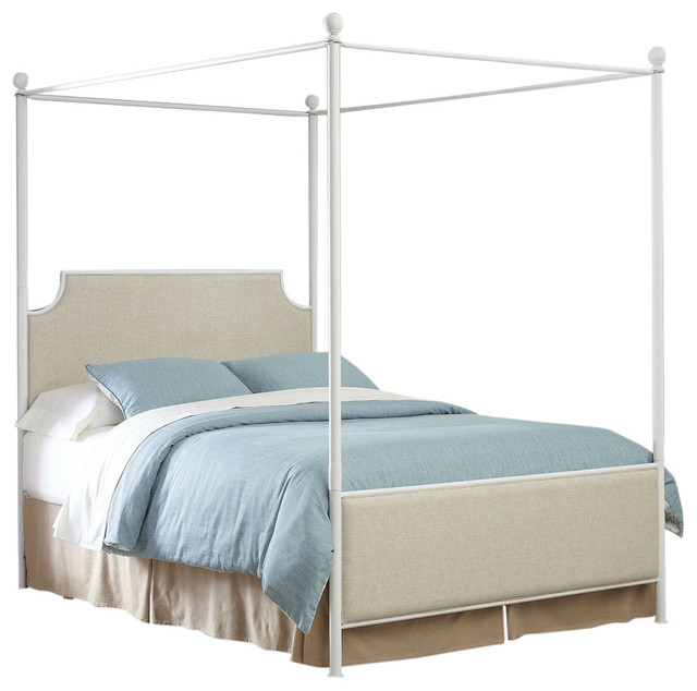 Queen Size Metal Canopy Bed With Off White Beige Headboard Footboard Queen Size Metal Canopy Bed With Off White Beige Headboard Footboard
