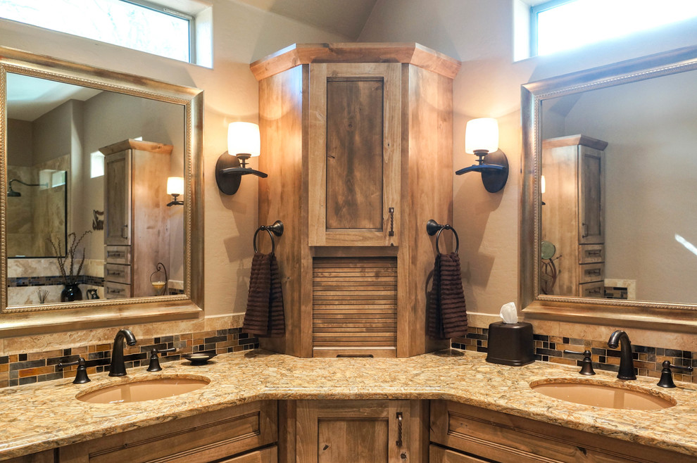 Inspiration for a mid-sized country master bathroom in Phoenix with brown cabinets, a claw-foot tub, a corner shower, a two-piece toilet, beige tile, beige walls, a drop-in sink, quartzite benchtops, beige floor and an open shower.