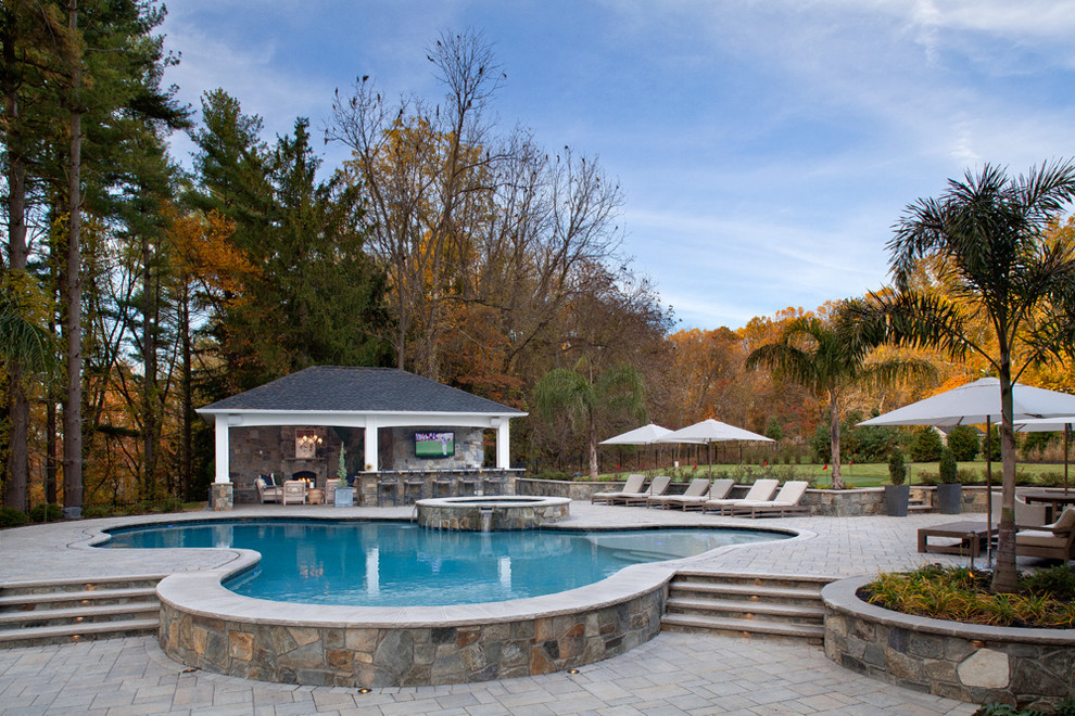 Example of a transitional backyard custom-shaped pool design in Baltimore