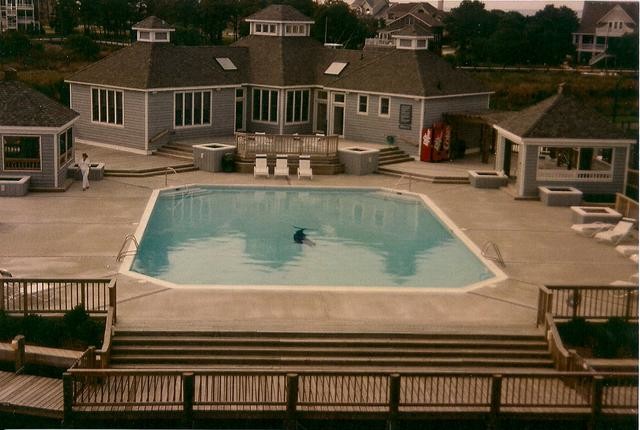 Backyard concrete paver and rectangular lap pool photo