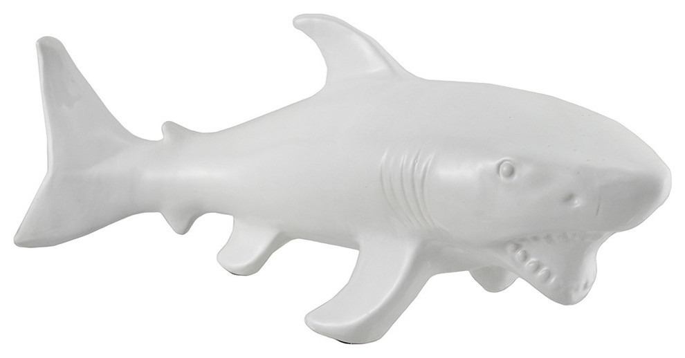 Glossy White Ceramic Shark Statue 20 Inches Long