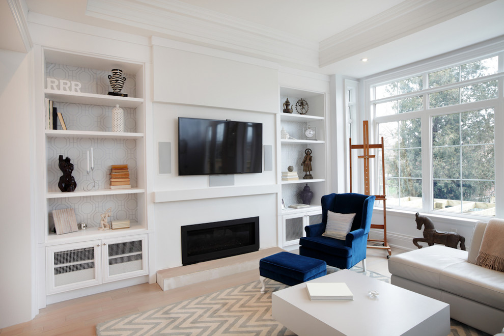 Design ideas for a contemporary living room in Toronto with a ribbon fireplace and a wall-mounted tv.