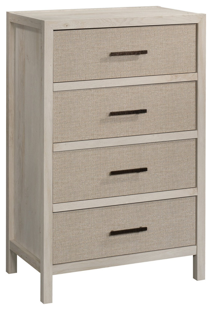 Vertical Dresser, 4 Large Drawers With Seagrass Accented Front, Chalked