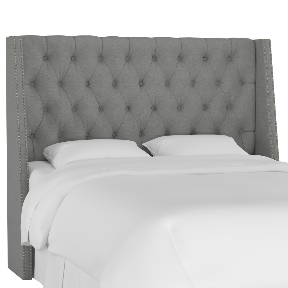 Williams Nail Button Wingback Headboard, Linen Gray, Queen