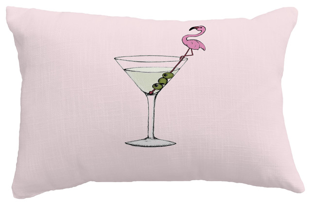 Martini Glass Flamingo Geometric Print Pillow With Linen Texture, Pink, 14"x20"