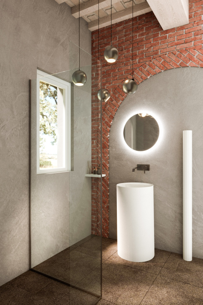 Inspiration for a small eclectic powder room in Florence with white cabinets, a wall-mount toilet, grey walls, porcelain floors, a pedestal sink, brown floor, a freestanding vanity and wood.