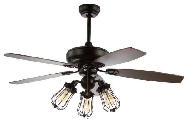 Lucas 52 Caged 3 Light Metal And Wood Led Ceiling Fan Black Industrial Fans By Jonathan Y Houzz - Iron Chandelier Ceiling Fan
