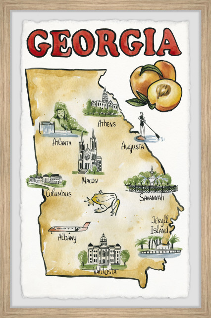 "Map of Georgia, The Peach State" Framed Painting Print, 24x36 
