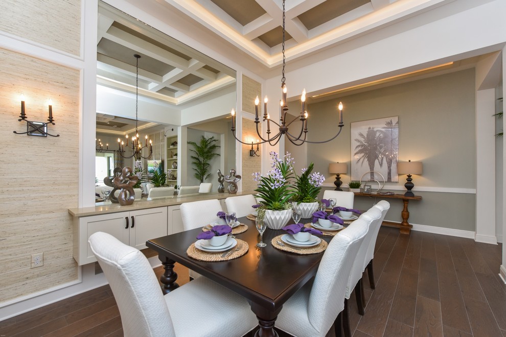 Photo of a mid-sized transitional open plan dining in Miami with multi-coloured walls, medium hardwood floors and no fireplace.