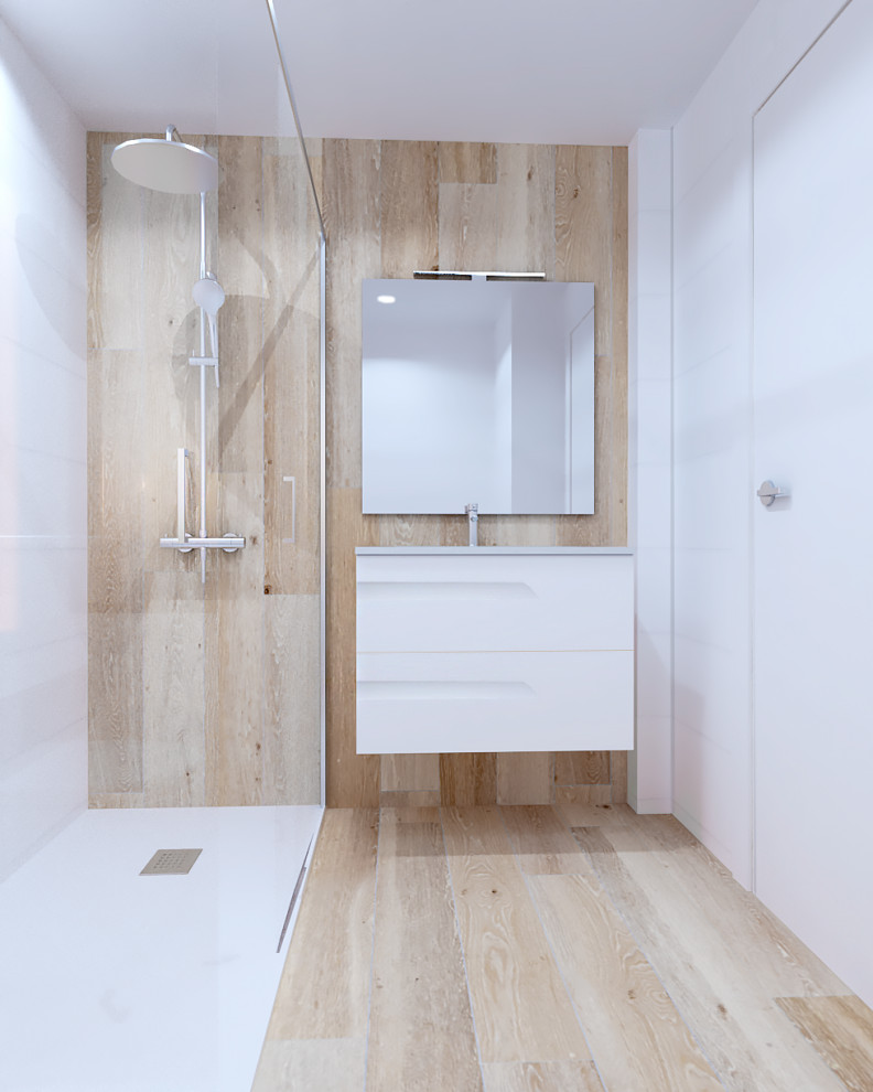 This is an example of a medium sized modern ensuite wet room bathroom in Other with flat-panel cabinets, white cabinets, a one-piece toilet, brown tiles, ceramic tiles, multi-coloured walls, porcelain flooring, a wall-mounted sink, solid surface worktops, brown floors, a sliding door, white worktops, a single sink and a floating vanity unit.
