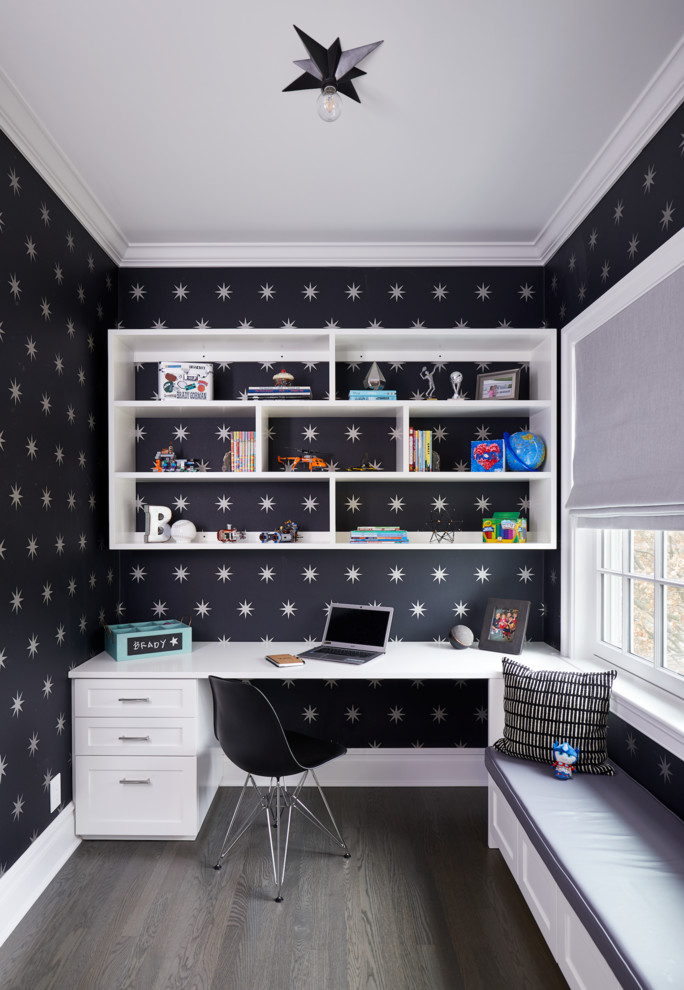 Scarsdale - Kids' study room - study space transitional gender-neutral dark wood floor kids' study room idea in Raleigh with black walls