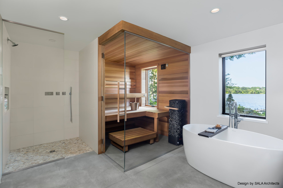 Inspiration for a modern bathroom in Minneapolis with with a sauna.