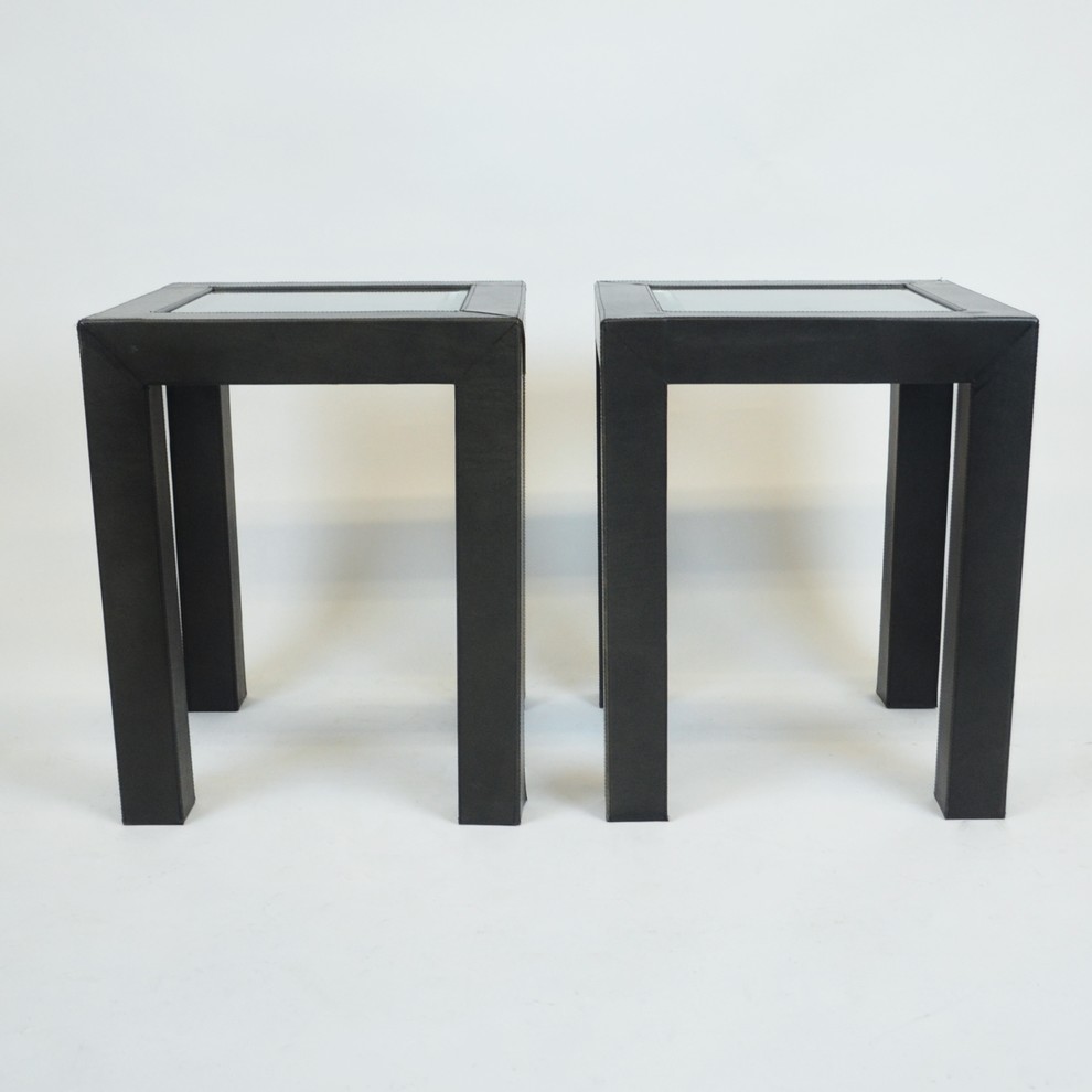 Pair of Leather Side Tables w/ Glass Top