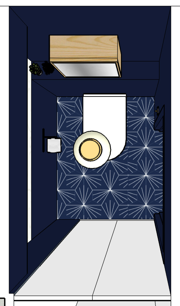 Inspiration för små moderna toaletter, med luckor med glaspanel, skåp i ljust trä, en vägghängd toalettstol, blå kakel, blå väggar, klinkergolv i keramik och blått golv