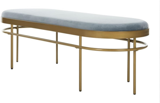 Contemporary Bench, Metal Frame With Oval Shape & Velvet Seat, Slate Blue/Gold
