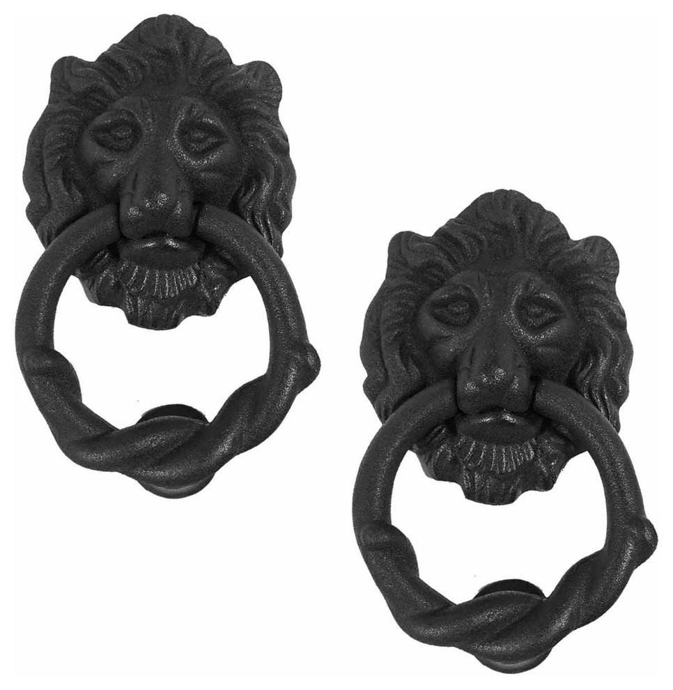 Door Knocker Black Cast Iron Lion Rustproof Finish 6 In H Set Of