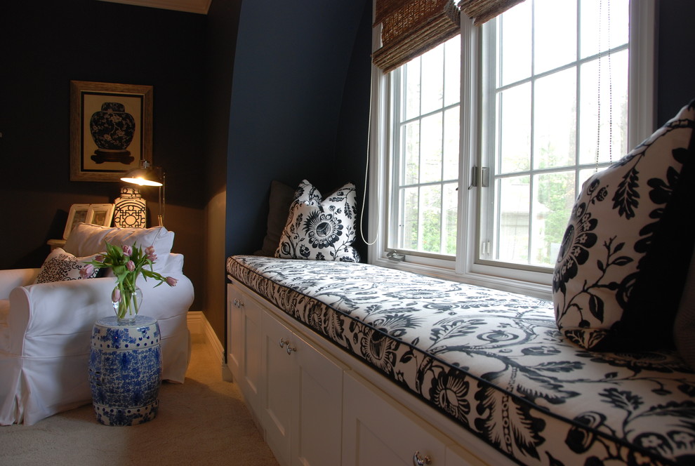 This is an example of a large country master bedroom in Richmond with blue walls, carpet, a standard fireplace, a tile fireplace surround and white floor.