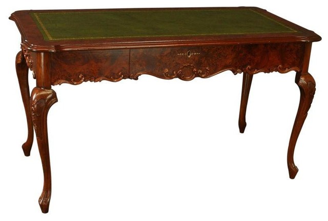 Used Rococo Style Burled Mahogany Veneer Green Desk