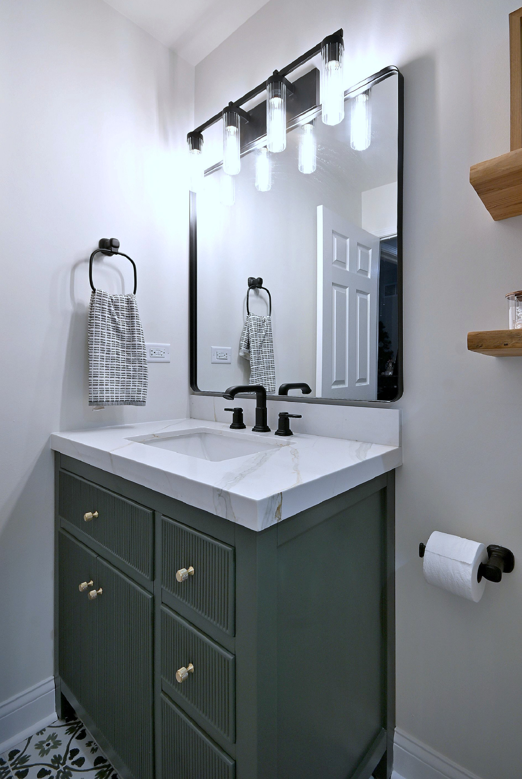 Transitional Bathroom Remodel With Green Cabinetry
