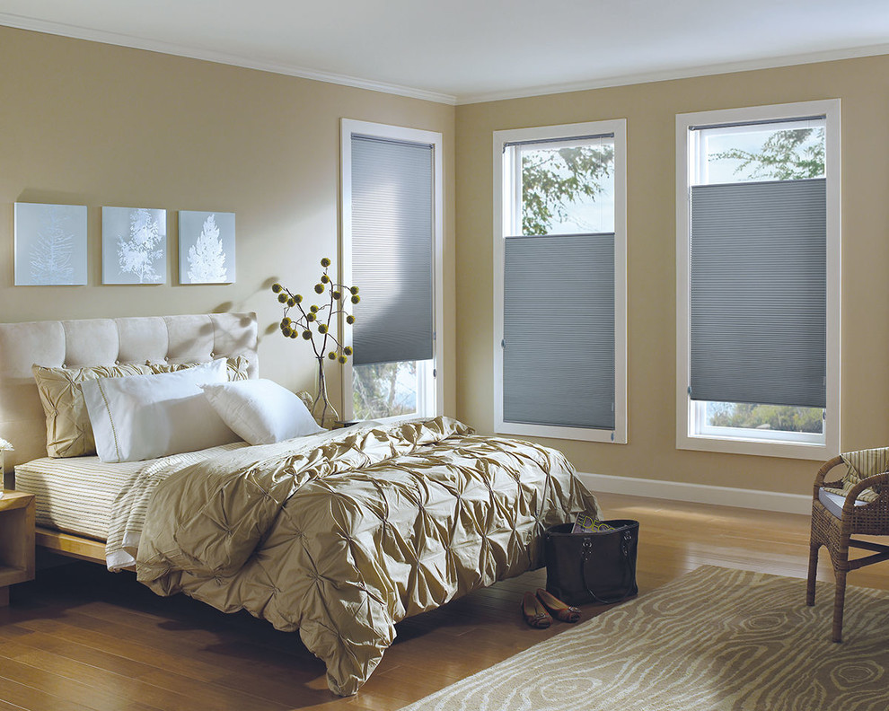 This is an example of a mid-sized transitional master bedroom in Other with beige walls, bamboo floors and no fireplace.