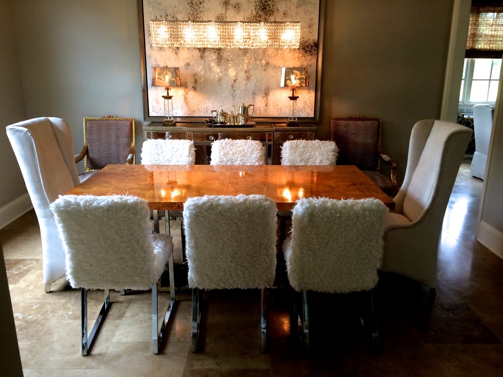 Example of a mid-sized transitional travertine floor kitchen/dining room combo design with beige walls and no fireplace