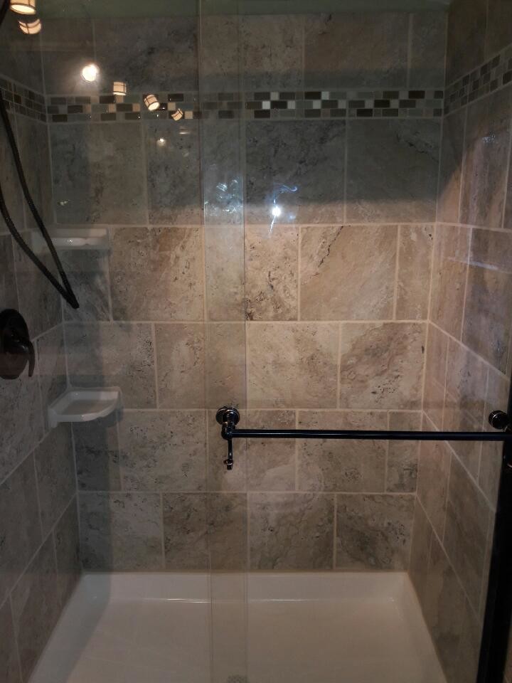 Mid-sized transitional 3/4 beige tile, brown tile and ceramic tile ceramic tile and beige floor alcove shower photo with green walls