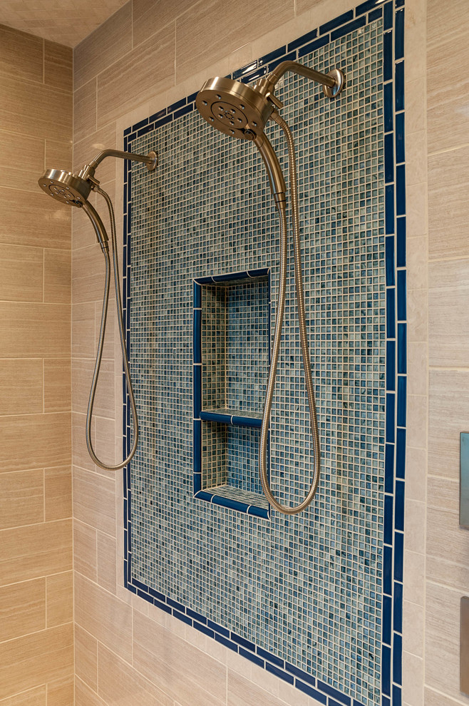 Inspiration for a huge eclectic master multicolored tile and porcelain tile porcelain tile freestanding bathtub remodel in Seattle with flat-panel cabinets, beige cabinets, a bidet, beige walls, a vessel sink and glass countertops