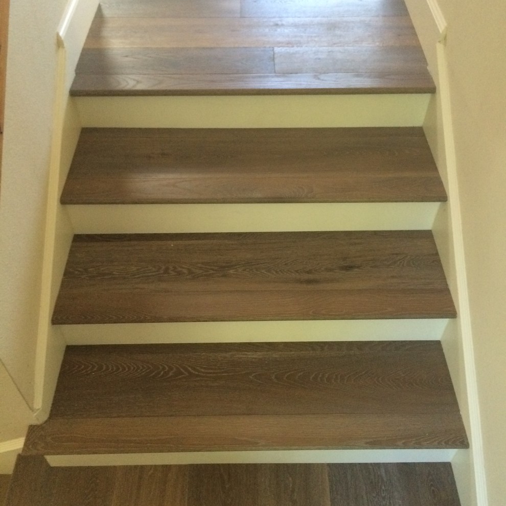 Trendy wooden staircase photo in San Francisco with painted risers