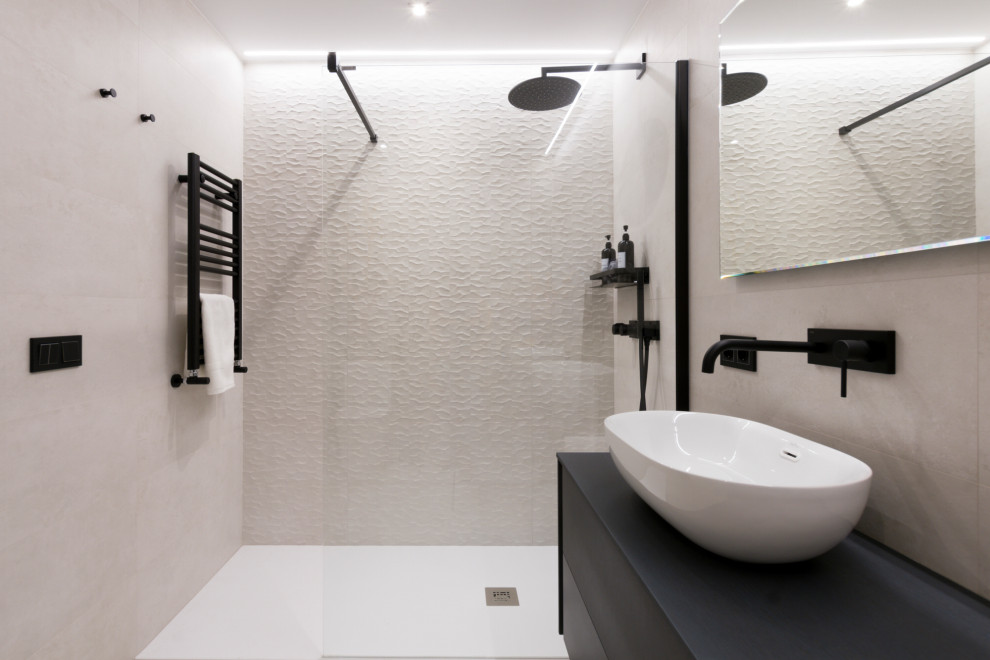 Mid-sized modern 3/4 bathroom in Other with flat-panel cabinets, grey cabinets, an alcove shower, a two-piece toilet, gray tile, ceramic tile, grey walls, ceramic floors, a vessel sink, wood benchtops, grey floor, grey benchtops, a double vanity, a built-in vanity and wallpaper.