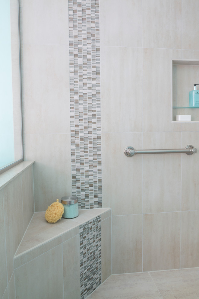 Freestanding bathtub - small transitional master beige tile and ceramic tile porcelain tile freestanding bathtub idea in New York with dark wood cabinets, solid surface countertops and blue walls