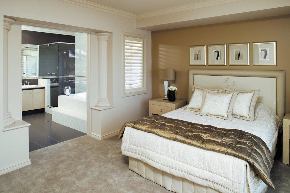 Design ideas for a mid-sized contemporary master bedroom in Perth with beige walls, carpet and beige floor.
