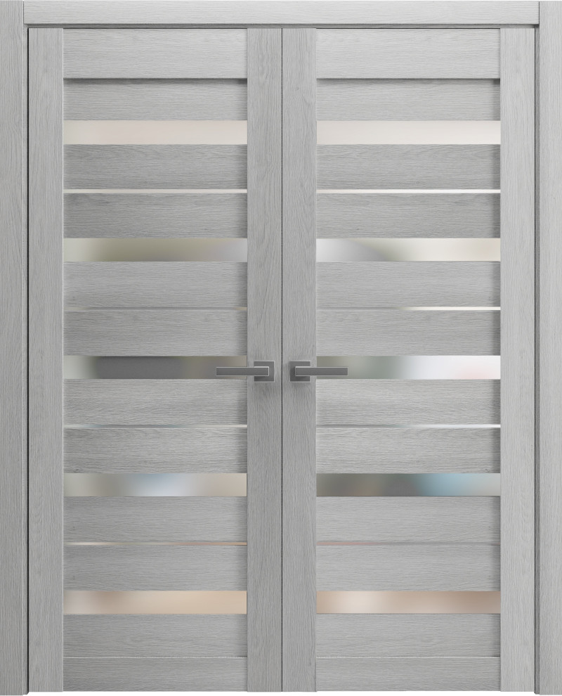 French Double Doors 60 x 80, Quadro 4445 Light Grey Oak & Frosted Glass