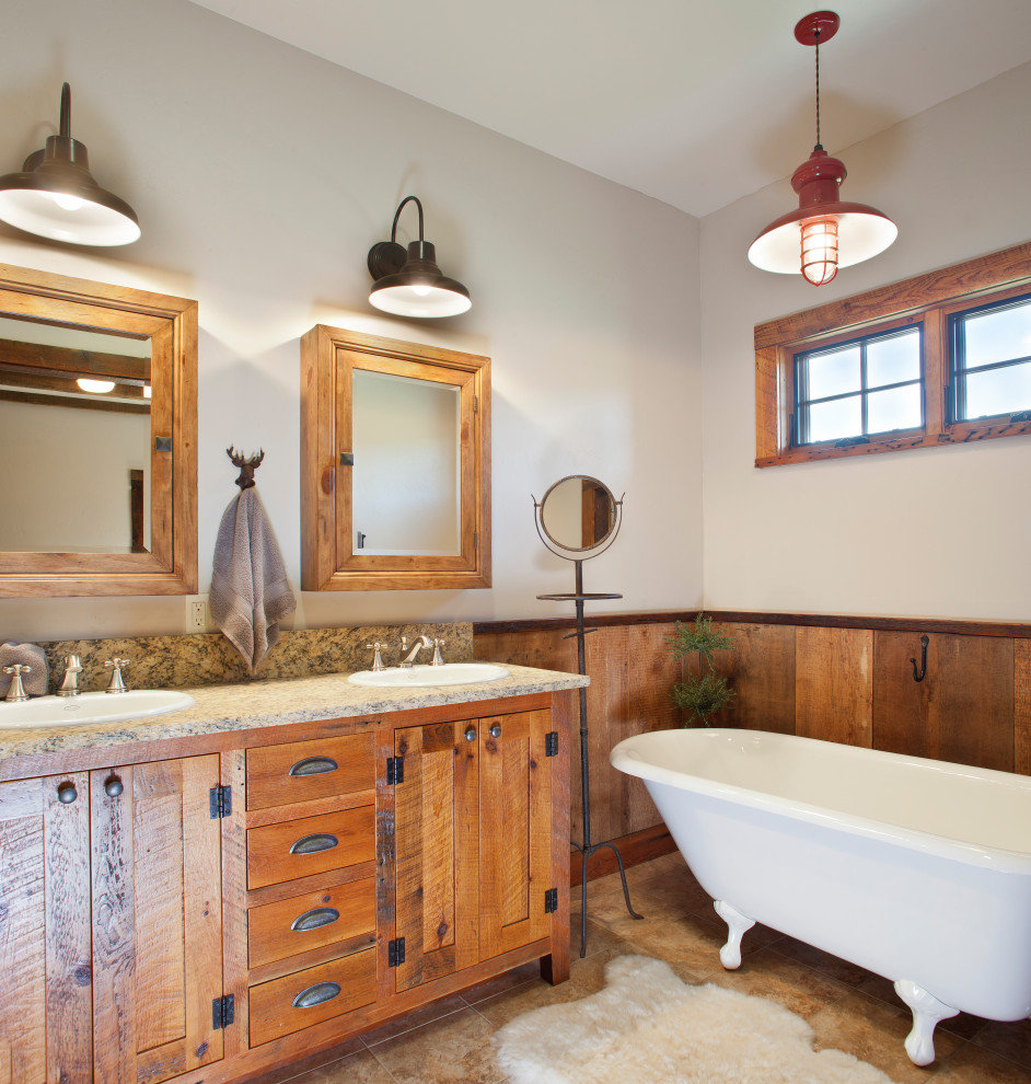 Mid-sized country master bathroom in Denver with shaker cabinets, medium wood cabinets, a claw-foot tub, white walls, a drop-in sink, brown floor and grey benchtops.