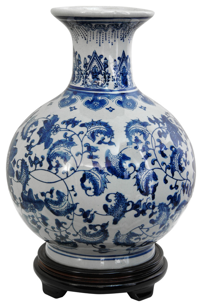 12" Floral Blue and White Porcelain Vase
